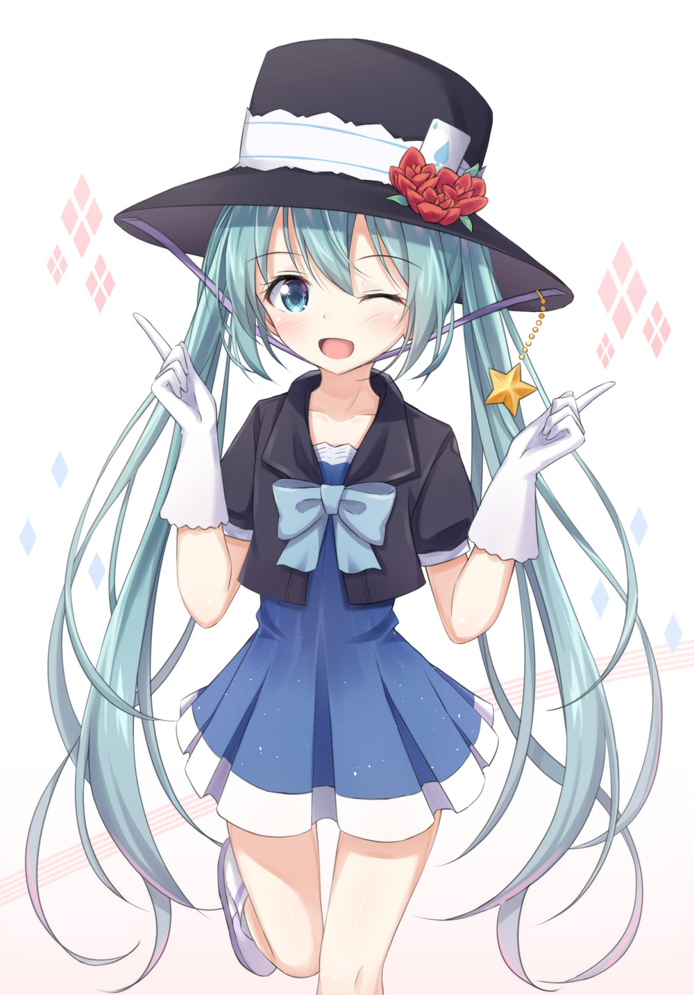 1girl ;d ace_of_spades akira_(been0328) aqua_hair bangs black_hat black_jacket blue_dress blue_eyes blush boots collarbone commentary_request dress eyebrows_visible_through_hair flower gloves gradient gradient_background hair_between_eyes hat hat_flower hatsune_miku highres index_finger_raised jacket looking_at_viewer magical_mirai_(vocaloid) one_eye_closed open_mouth pink_background playing_games pleated_skirt puffy_short_sleeves puffy_sleeves red_flower short_sleeves skirt smile solo spade_(shape) star vocaloid white_background white_footwear white_gloves
