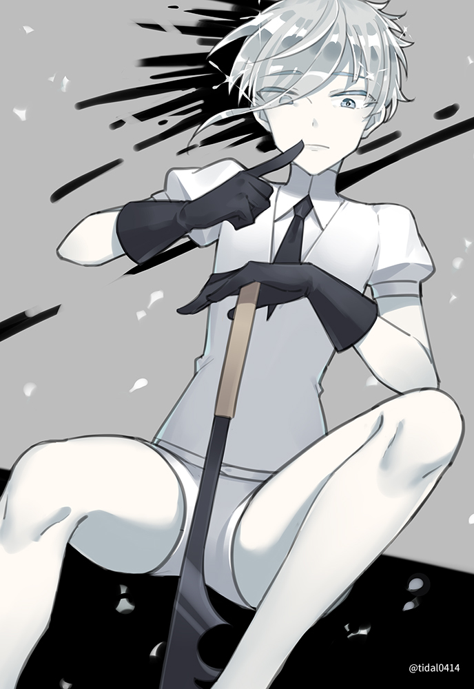 androgynous antarcticite blue_eyes colored_eyelashes finger_to_mouth gem_uniform_(houseki_no_kuni) gloves grey_eyes grey_eyes grey_hair hair_over_one_eye houseki_no_kuni looking_at_viewer mujun_atama necktie short_hair shorts silver_hair sitting sparkle sword weapon