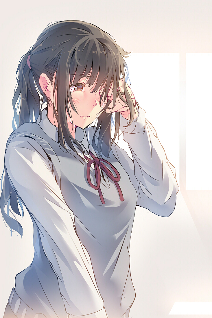 1girl bangs blush brown_eyes brown_hair collared_shirt crying crying_with_eyes_open daito dripping eyebrows_visible_through_hair hand_up light_frown long_hair long_sleeves looking_away neck_ribbon original ponytail red_neckwear red_ribbon ribbon school_uniform shirt sidelocks solo sweater_vest tears two-tone_background upper_body white_shirt wing_collar wiping_tears