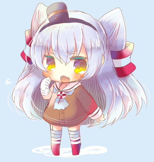 1girl amatsukaze_(kantai_collection) bangs blue_background blush brown_dress chibi dress eyebrows_visible_through_hair flying_sweatdrops full_body gloves hair_between_eyes hair_tubes hat kantai_collection kouu_hiyoyo lifebuoy long_hair long_sleeves mini_hat no_shoes open_mouth red_legwear sailor_dress short_dress silver_hair single_glove smokestack solo standing sweat thigh-highs two_side_up very_long_hair white_gloves windsock yellow_eyes