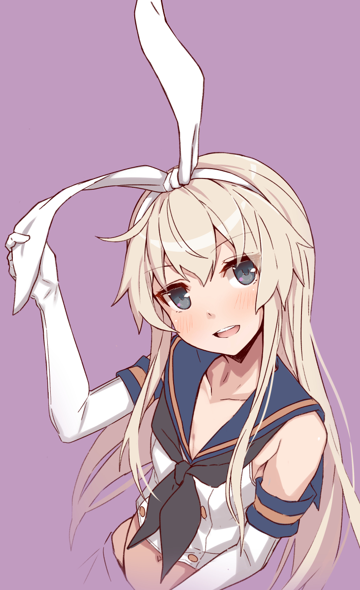 1girl :d black_neckwear blonde_hair blue_sailor_collar blush crop_top elbow_gloves gloves grey_eyes highres kantai_collection long_hair neckerchief open_mouth purple_background ribbon sailor_collar shimakaze_(kantai_collection) simple_background sleeveless smile solo takanashi_kei_(hitsujikan) white_background white_ribbon