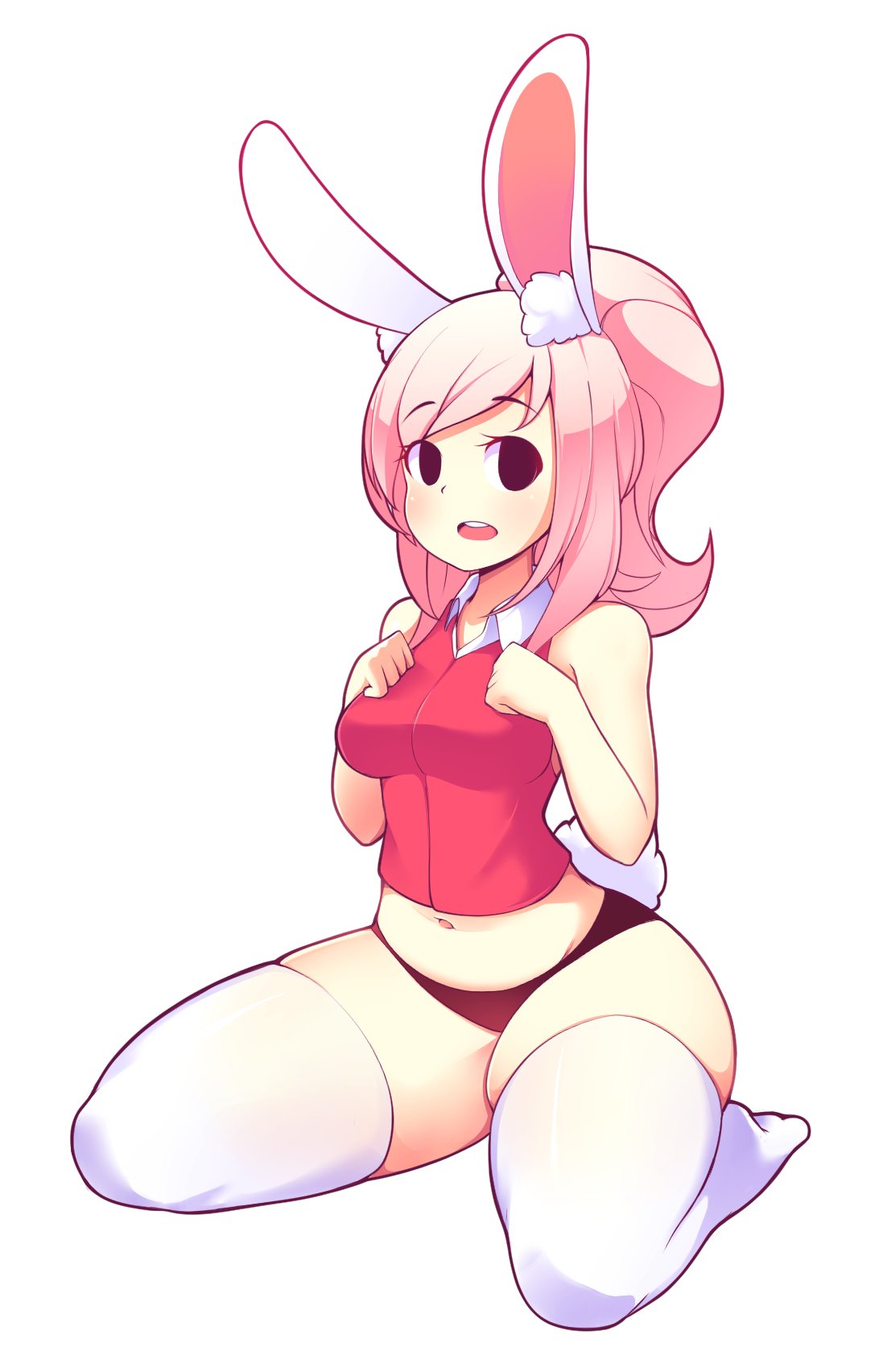 1girl animal_ears black_eyes bunny_tail fiz_(fizintine) fizintine highres kneeling long_hair navel open_mouth original pink_hair ponytail rabbit_ears solo tail thick_thighs thighs thong white_background