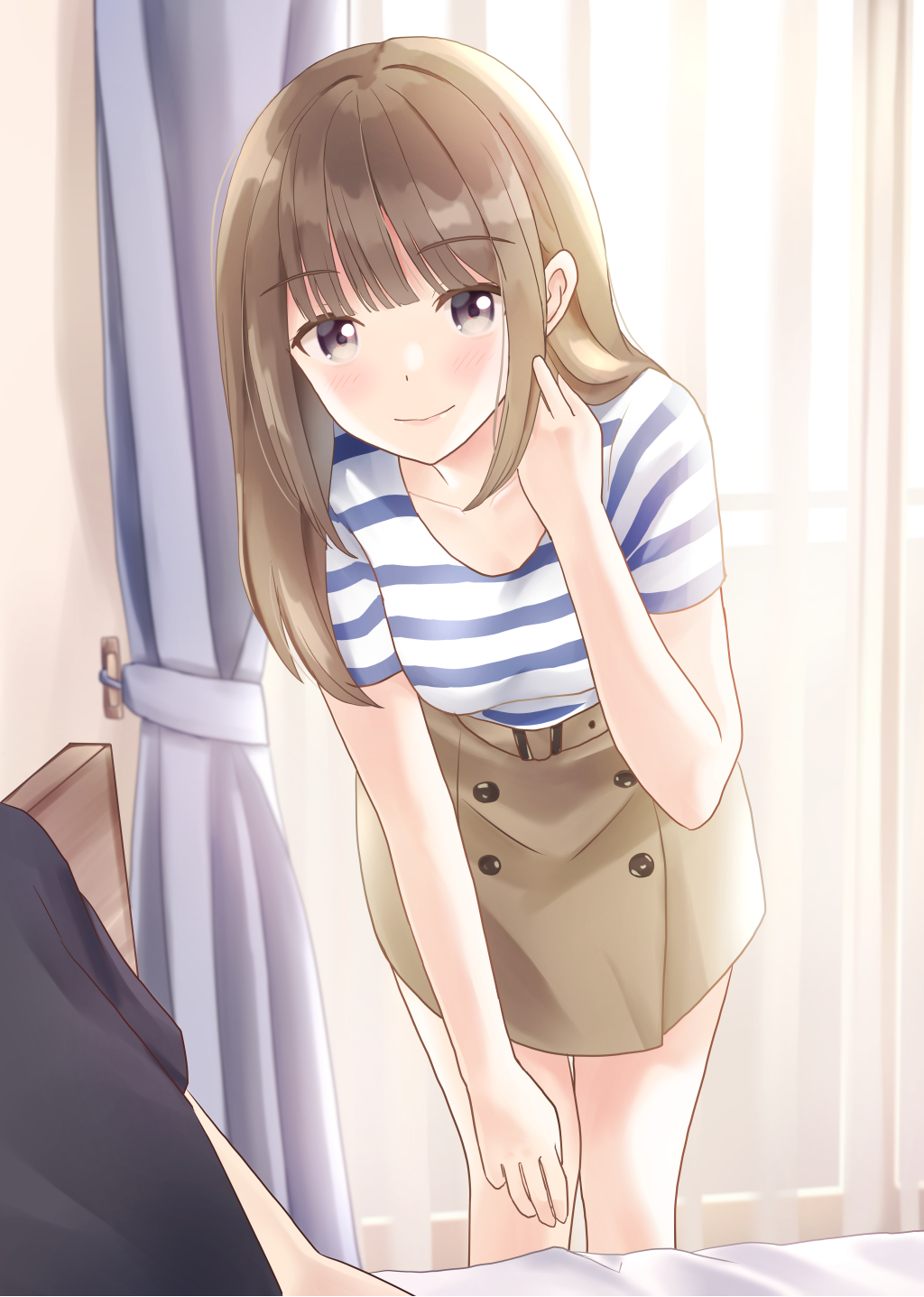 1girl bangs bed black_shirt blunt_bangs blush breasts brown_eyes brown_hair brown_skirt closed_mouth collarbone commentary_request curtains day eyebrows_visible_through_hair hand_up highres indoors leaning_forward looking_at_viewer original shirt short_sleeves skirt small_breasts smile solo_focus striped striped_shirt transparent window yukimaru217
