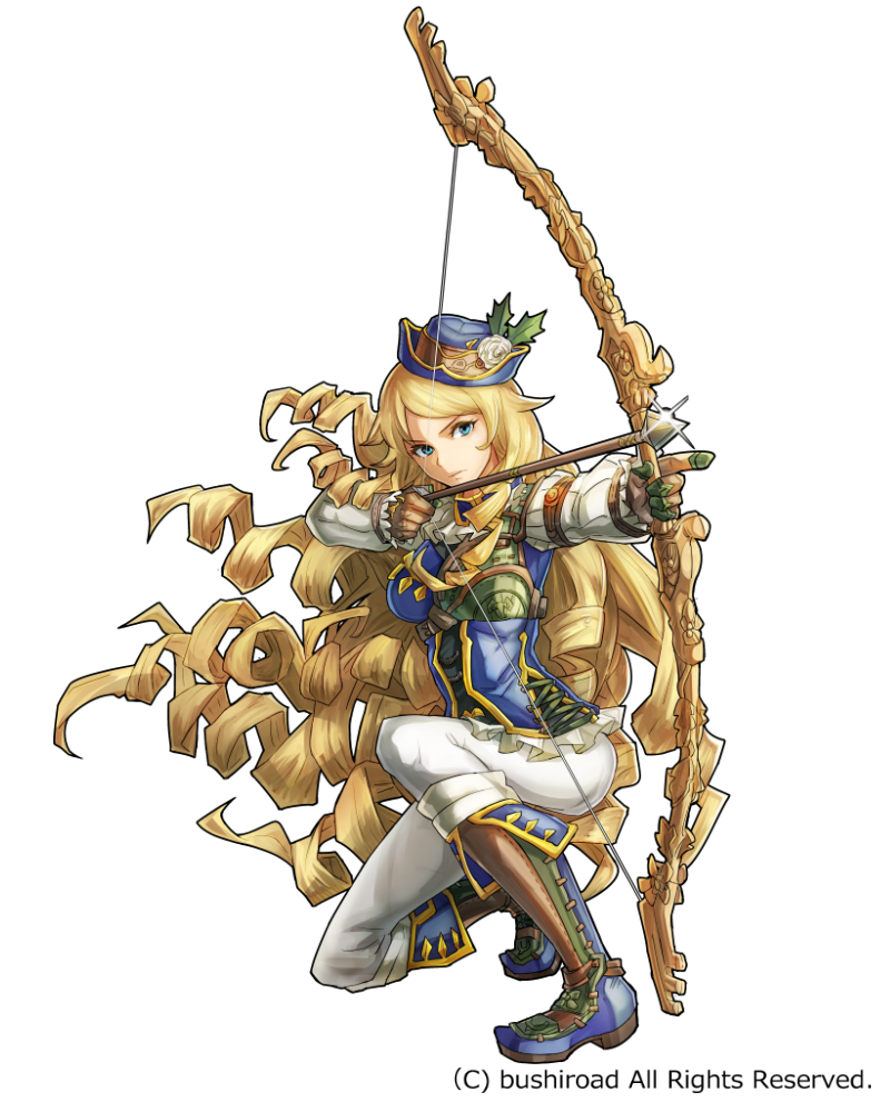 1girl aiming blonde_hair blue_eyes boots bow_(weapon) copyright_request drawing_bow drill_hair geetgeet gloves hat holding holding_bow_(weapon) holding_weapon knee_boots long_hair official_art one_knee solo very_long_hair weapon white_background