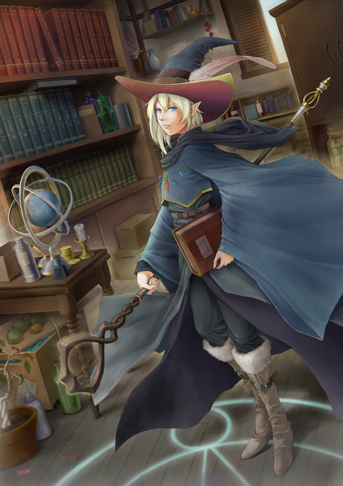 1boy androgynous aritani_mahoro blonde_hair blue_eyes book boots bottle candle candlestand commentary elf fantasy fur_trim globe hat hat_feather holding holding_staff magic_circle original pointy_ears robe solo staff wide_sleeves witch_hat
