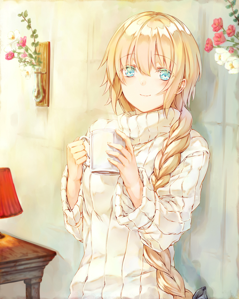 1girl blonde_hair blue_eyes braid eyebrows_visible_through_hair fate/apocrypha fate_(series) flower hair_between_eyes holding jeanne_d'arc_(fate) jeanne_d'arc_(fate)_(all) long_hair ponytail red_flower saijou_haruki single_braid smile solo standing sweater turtleneck turtleneck_sweater upper_body very_long_hair white_flower white_sweater