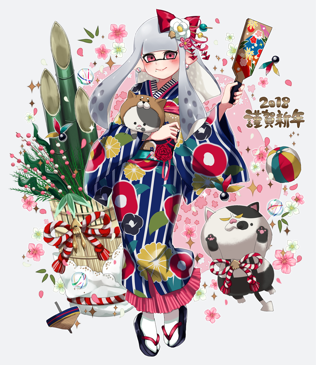 1girl 2018 animal animal_costume ball bamboo basket closed_mouth dog_costume domino_mask earrings floral_print flower full_body grey_background grey_hair hagoita hair_flower hair_ornament hanetsuki happy_new_year holding holding_animal inkling jajji-kun_(splatoon) japanese_clothes jewelry kimono kojajji-kun_(splatoon) long_hair looking_at_viewer mask mimimi_(echonolog) mole mole_under_mouth new_year paddle pointy_ears print_kimono red_eyes sandals smile solo splatoon splatoon_2 squid standing tabi tentacle_hair translated white_legwear year_of_the_dog