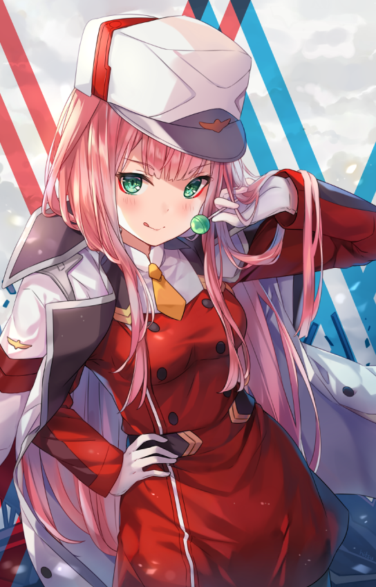 1girl :q arm_up bangs blush breasts candy closed_mouth darling_in_the_franxx dress eyebrows_visible_through_hair food gloves green_eyes hand_on_hip hat hitsukuya holding holding_lollipop horns jacket jacket_on_shoulders licking_lips lollipop long_hair long_sleeves looking_at_viewer medium_breasts necktie orange_neckwear pantyhose pink_hair red_dress short_necktie sketch smile solo tongue tongue_out very_long_hair white_gloves white_hat white_jacket zero_two_(darling_in_the_franxx)