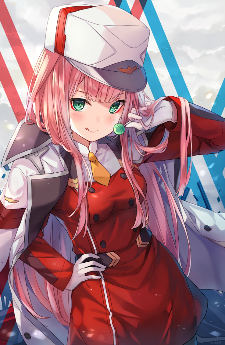 1girl :q arm_up bangs blush breasts candy closed_mouth commentary darling_in_the_franxx dress eyebrows_visible_through_hair food gloves green_eyes hand_on_hip hat hitsukuya holding holding_lollipop horns jacket jacket_on_shoulders licking_lips lollipop long_hair long_sleeves looking_at_viewer medium_breasts necktie orange_neckwear pantyhose pink_hair red_dress short_necktie sketch smile solo tongue tongue_out very_long_hair white_gloves white_hat white_jacket zero_two_(darling_in_the_franxx)