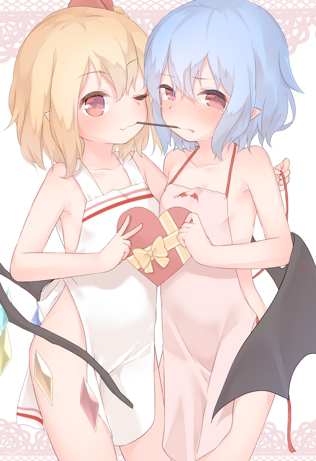 2girls ;3 alternate_costume apron bare_arms bare_shoulders bat_wings black_wings blonde_hair blue_hair blush bow box closed_mouth collarbone cowboy_shot crystal eyebrows_visible_through_hair flandre_scarlet food frown gift gift_box hair_ornament heart-shaped_box highres holding holding_gift looking_at_viewer multiple_girls naked_apron nose_blush parted_lips pink_apron pocky pocky_kiss pointy_ears red_eyes remilia_scarlet sakurea shared_food short_hair siblings side_ponytail sisters standing tearing_up tears thighs touhou v white_apron wings yellow_bow