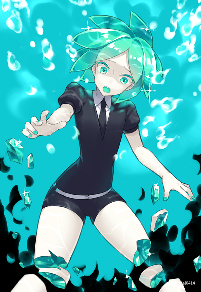 androgynous aqua_eyes aqua_hair broken colored_eyelashes gem gem_uniform_(houseki_no_kuni) green_eyes green_hair houseki_no_kuni missing_limb mujun_atama necktie phosphophyllite scared short_hair shorts solo sparkle underwater