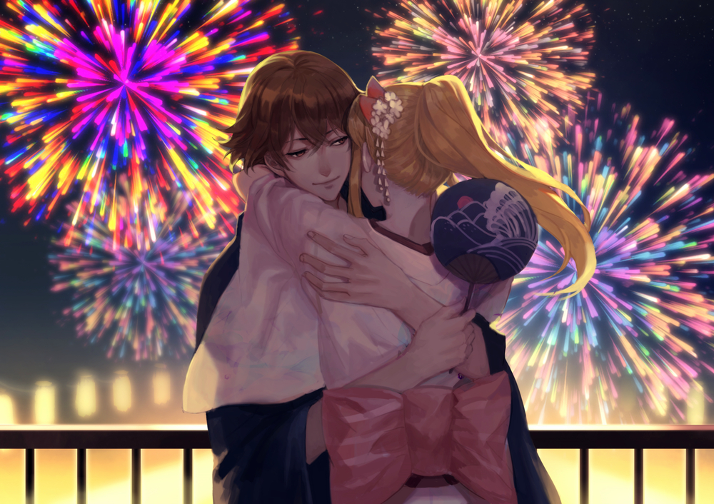 2boys banba_zenji blonde_hair brown_eyes brown_hair cowboy_shot fan fireworks hair_ornament hakata_tonkotsu_ramens hug japanese_clothes kimono kodori long_hair male_focus multiple_boys night outdoors paper_fan ponytail railing standing wide_sleeves xianming_lin yukata