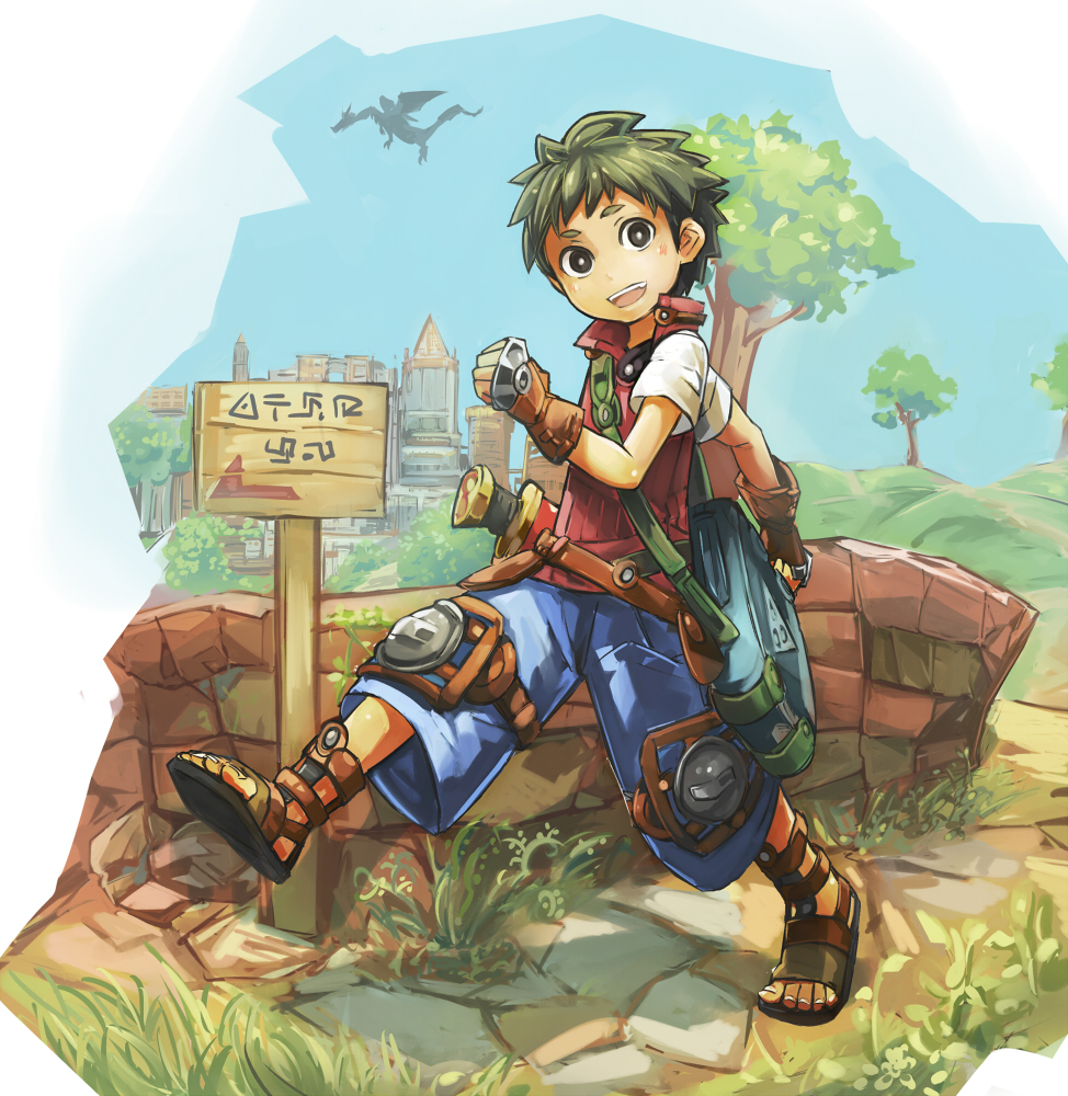 1boy bag black_eyes black_hair dragon fantasy fingerless_gloves geetgeet gloves male_focus original sandals scenery sheath sheathed short_hair shorts signpost sword tree walking weapon