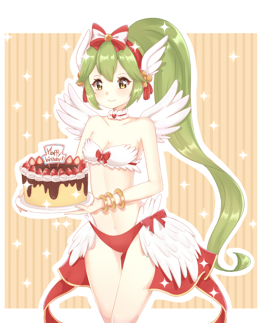 1girl bangs bikini_bottom blush bow brown_eyes cake character_request closed_mouth commentary_request eyebrows_visible_through_hair feathered_wings food green_hair hair_between_eyes hairband happy_birthday head_wings high_ponytail holding holding_plate light_(luxiao_deng) long_hair looking_at_viewer navel plate ponytail ragnarok_online red_bikini_bottom red_hairband sidelocks smile solo sparkle striped striped_bow vertical_stripes very_long_hair white_wings wings