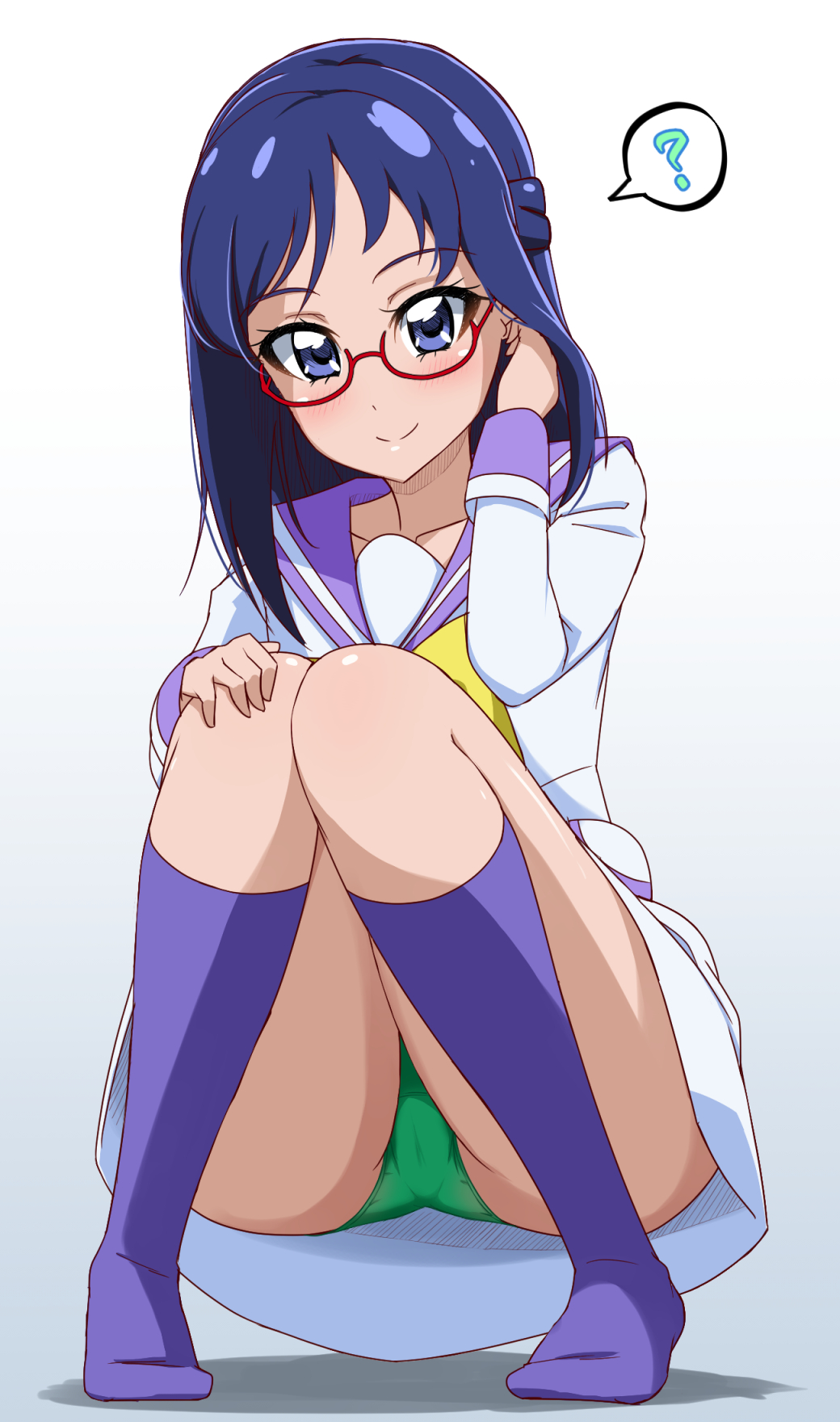 1girl ? acchi_(koiyimknp) bespectacled blue_eyes blue_hair blush braid dokidoki!_precure french_braid full_body glasses gradient gradient_background green_panties grey_background hand_in_hair hand_on_own_knee highres hishikawa_rikka kneehighs knees_together_feet_apart long_hair long_sleeves looking_at_viewer no_shoes panties pantyshot pantyshot_(squatting) precure purple_legwear purple_sailor_collar red-framed_eyewear sailor_collar school_uniform serafuku shirt simple_background skirt solo speech_bubble spoken_question_mark squatting underwear upper_body white_background white_shirt white_skirt