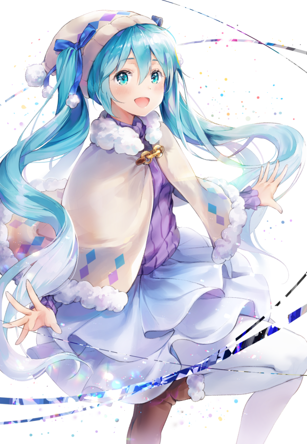 1girl :d blue_eyes blue_hair blue_skirt blush brown_footwear capelet cherim floating_hair hair_between_eyes hat hatsune_miku layered_skirt long_hair looking_at_viewer one_leg_raised open_mouth outstretched_arms pantyhose purple_sweater skirt smile solo twintails very_long_hair vocaloid white_background white_legwear winter_clothes