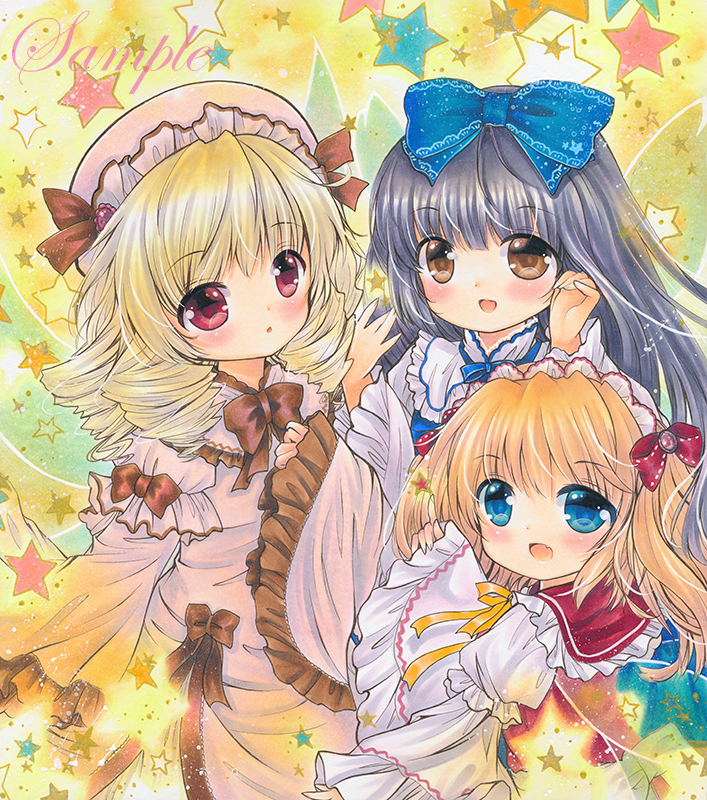 3girls :d :o black_hair blonde_hair blue_dress blue_eyes bow brown_eyes dress drill_hair fairy_wings fang frilled_sleeves frills hair_bow hand_in_hair hand_on_own_chest hat headdress index_finger_raised juliet_sleeves long_sleeves looking_at_viewer luna_child marker_(medium) mob_cap multiple_girls open_mouth pink_dress puffy_sleeves red_eyes ribbon rui_(sugar3) sample sleeves_past_wrists smile star star_sapphire starry_background sunny_milk touhou traditional_media upper_body white_dress wings yellow_background