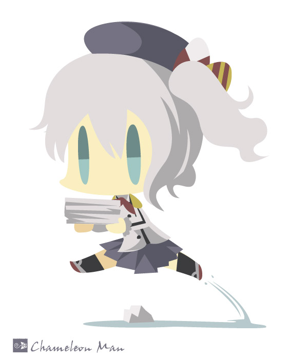 1girl artist_name beret chameleon_man_(three) chibi epaulettes grey_hair hat jumping kantai_collection kashima_(kantai_collection) military military_uniform no_mouth rock simple_background solo twintails uniform white_background