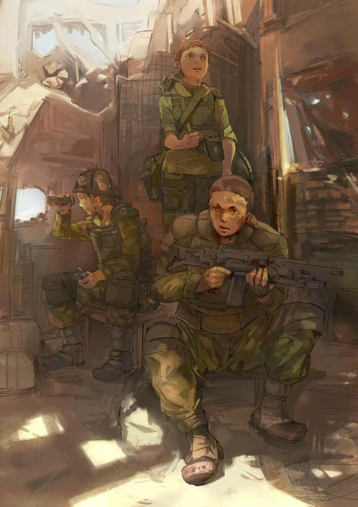 3boys binoculars geetgeet gun helmet holding holding_gun holding_weapon load_bearing_vest military military_uniform multiple_boys original ruins short_hair sitting soldier trigger_discipline uniform weapon