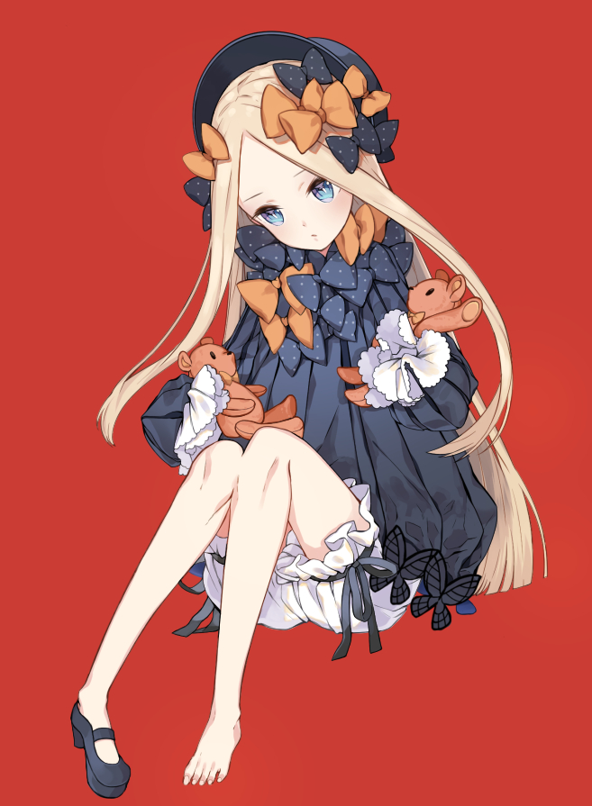 1girl abigail_williams_(fate/grand_order) bangs barefoot black_bow black_dress black_footwear black_hat blonde_hair bloomers blue_eyes blush bow butterfly commentary_request dress fate/grand_order fate_(series) hair_bow hat head_tilt holding holding_stuffed_animal laurelfalcon long_hair long_sleeves mary_janes orange_bow parted_bangs parted_lips polka_dot polka_dot_bow red_background revision shoes simple_background single_shoe sitting sleeves_past_fingers sleeves_past_wrists solo stuffed_animal stuffed_toy teddy_bear toenails underwear very_long_hair white_bloomers