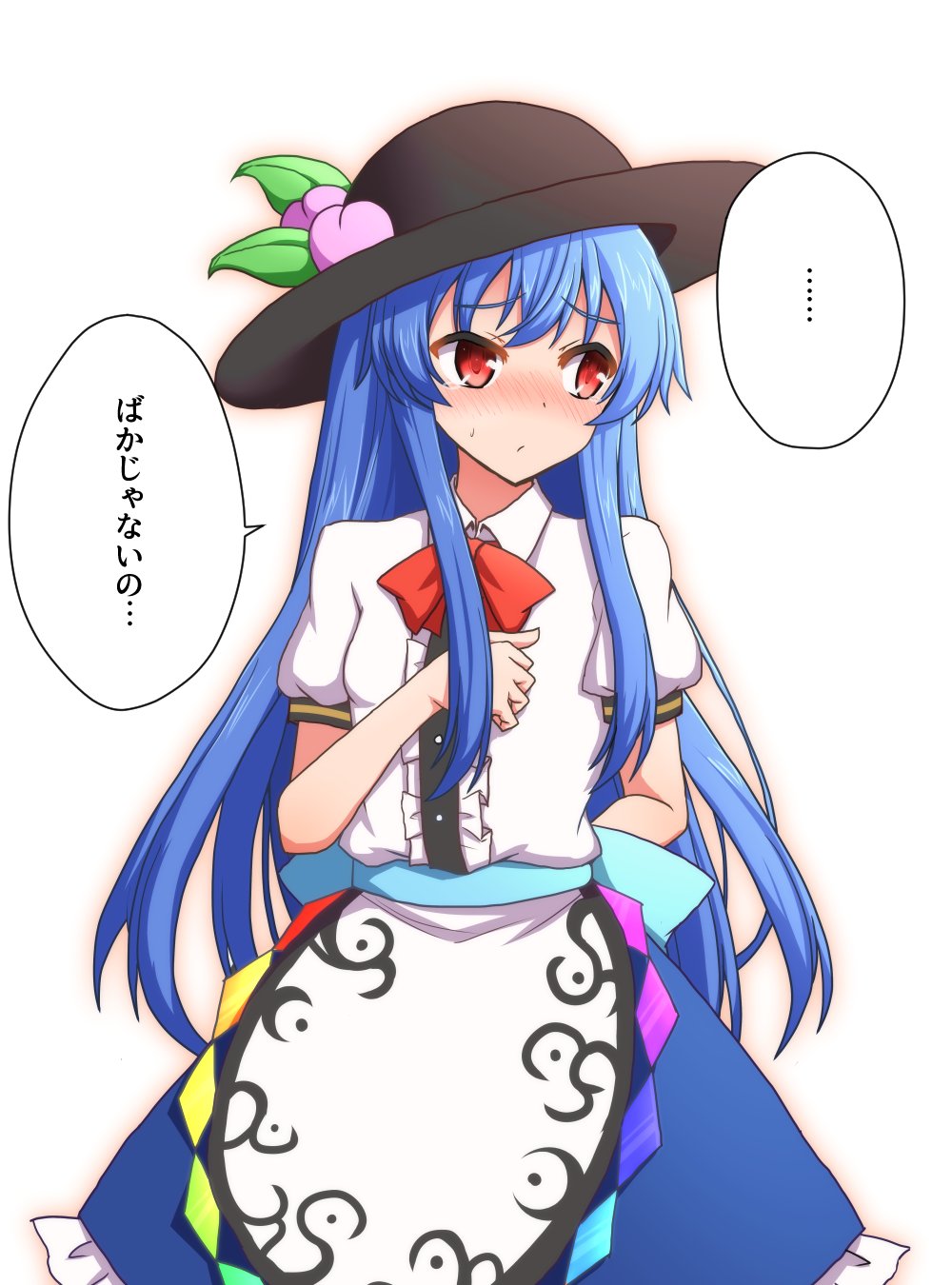 1girl blouse blue_hair blue_skirt blush bow closed_mouth commentary_request cowboy_shot eyebrows_visible_through_hair food frills fruit hand_on_own_chest hat highres hinanawi_tenshi leaf long_hair looking_to_the_side neck_bow nose_blush peach petticoat puffy_short_sleeves puffy_sleeves red_bow red_eyes red_neckwear short_sleeves sidelocks simple_background skirt solo standing sweatdrop tears teoi_(good_chaos) touhou translated very_long_hair white_background white_blouse