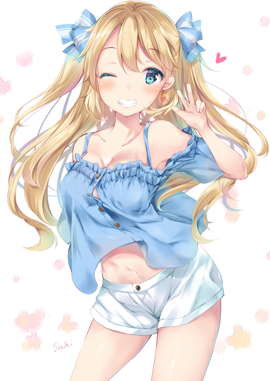 1girl ;d arm_up armpits artist_name bare_shoulders blue_ribbon blue_shirt blush breasts cleavage collarbone colored_eyelashes cowboy_shot eyebrows_visible_through_hair frilled_shirt frills glint hair_ribbon heart jewelry legs_apart long_hair looking_at_viewer medium_breasts navel off-shoulder_shirt one_eye_closed open_mouth original ribbon shirt short_shorts shorts single_earring smile solo standing suihi tareme teeth thighs two_side_up w white_background white_shorts