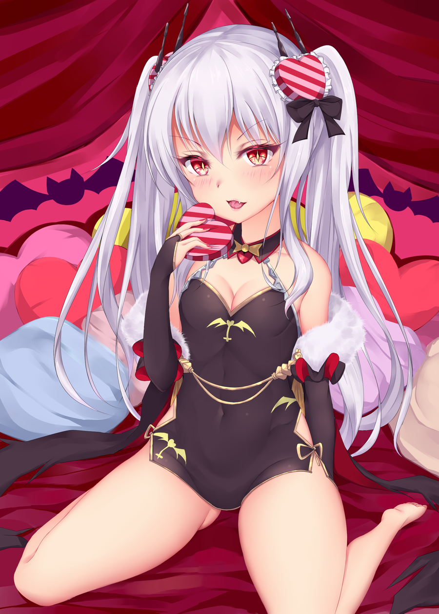 1girl arm_behind_back azur_lane bangs bare_shoulders blush breasts bridal_gauntlets china_dress chinese_clothes cleavage covered_navel dress fur_trim halterneck headgear heart-shaped_box highres holding indoors long_hair looking_at_viewer red_eyes ribbon shiro_usagi side_slit silver_hair sitting slit_pupils solo twintails vampire_(azur_lane) wariza white_hair