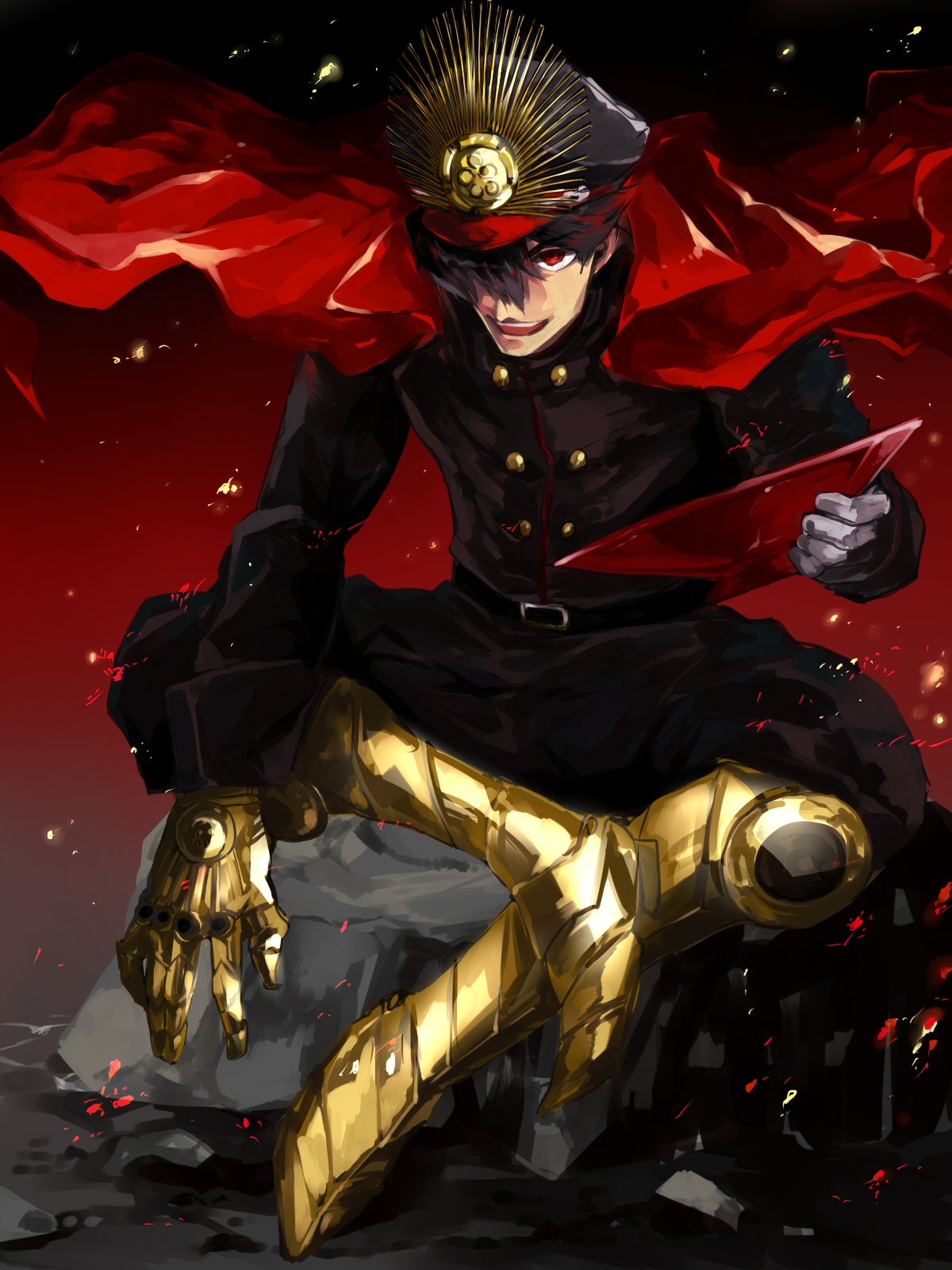 1boy afo_(pr) armor armored_boots black_hair boots cape cup embers fate_(series) genderswap genderswap_(ftm) gradient gradient_background hat highres indian_style koha-ace male_focus military military_uniform oda_nobunaga_(fate) open_mouth peaked_cap red_eyes rock sakazuki shako_cap simple_background sitting uniform