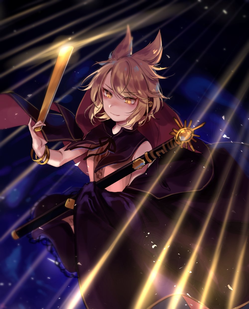 &gt;:) 1girl bangle bangs bare_shoulders blonde_hair bracelet cape commentary_request grin highres holding holding_sword holding_weapon jewelry light_rays pointy_hair purple_skirt ritual_baton shan sheath sheathed shiny shirt short_hair skirt sleeveless sleeveless_shirt smile solo swept_bangs sword touhou toyosatomimi_no_miko v-shaped_eyebrows weapon yellow_eyes