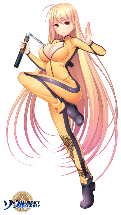 1girl ahoge amasa-hikae ankle_boots antenna_hair black_footwear bodysuit boots breasts cleavage cleavage_cutout closed_mouth dragon_print eyebrows_visible_through_hair gradient_hair holding holding_weapon large_breasts leg_up long_hair long_sleeves looking_at_viewer multicolored_hair nunchaku official_art original pink_hair red_eyes shiny shiny_skin simple_background skin_tight smile solo standing straight_hair tareme very_long_hair weapon white_background yellow_bodysuit yellow_eyes