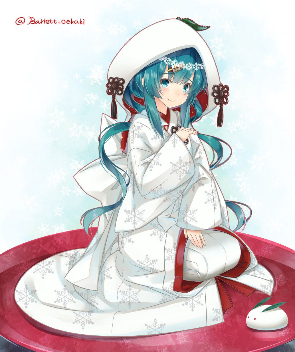 1girl aqua_eyes aqua_hair bangs baretto_(firearms_1) blue_background blush closed_mouth full_body hair_ornament hairclip hatsune_miku highres hood hood_up japanese_clothes kimono long_sleeves looking_at_viewer oversized_object plate print_kimono seiza shiny shiny_hair sidelocks sitting smile snow_bunny snowflake_print solo tassel twintails twitter_username vocaloid white_kimono wide_sleeves yuki_miku