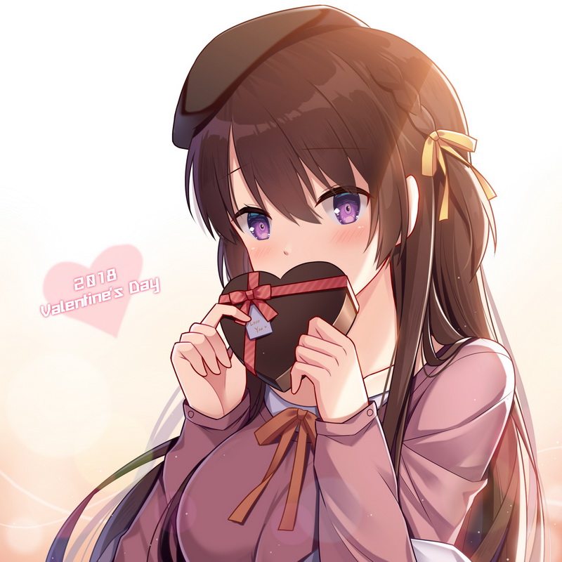1girl bangs beret black_hat blush braid breasts chocolate chocolate_heart collarbone covering_mouth eyebrows_visible_through_hair gradient gradient_background hair_ribbon hat heart hitsuki_rei light_rays long_hair long_sleeves medium_breasts purple_shirt red_ribbon ribbon shirt side_braid snowdreams_-lost_in_winter- solo tareme two-handed upper_body violet_eyes yellow_background yellow_ribbon