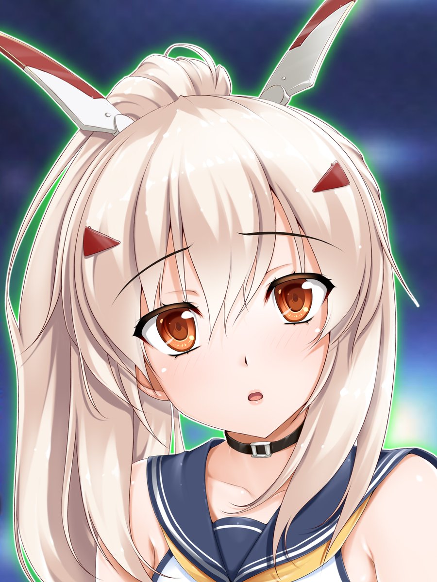 1girl :o aura ayanami_(azur_lane) azur_lane bare_shoulders black_choker blue_background blue_sailor_collar blush choker close-up collarbone eyebrows_visible_through_hair gradient gradient_background headgear highres lips long_hair looking_at_viewer neckerchief open_mouth orange_eyes sailor_collar school_uniform serafuku shiny shiny_hair shirt side_ponytail sleeveless sleeveless_shirt solo tareme toranoo white_shirt yellow_neckwear