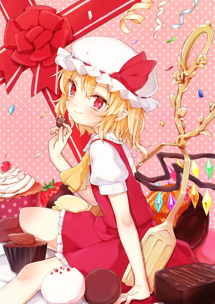 1girl ascot blonde_hair bow cherry chocolate chocolate_covered commentary_request cupcake dress flandre_scarlet food frilled_shirt_collar frills fruit hair_between_eyes hat hat_bow holding holding_chocolate holding_food honotai looking_at_viewer mob_cap nut_(food) petticoat pink_background pointy_ears polka_dot polka_dot_background puffy_short_sleeves puffy_sleeves red_bow red_dress red_eyes red_ribbon ribbon short_dress short_hair short_sleeves side_ponytail sitting solo sprinkles strawberry streamers tongs touhou valentine wings yellow_neckwear