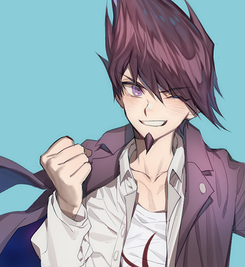 1boy ;d beard blue_background blush clenched_hand collarbone collared_shirt dangan_ronpa dress_shirt eyebrows_visible_through_hair facial_hair grin jacket long_sleeves looking_at_viewer male_focus momota_kaito new_dangan_ronpa_v3 nose_blush one_eye_closed open_clothes open_jacket open_mouth purple_hair purple_jacket shiny shiny_hair shirt simple_background smile solo spiky_hair t-shirt teeth unbuttoned unbuttoned_shirt upper_body v-shaped_eyebrows violet_eyes white_shirt wing_collar zuizi