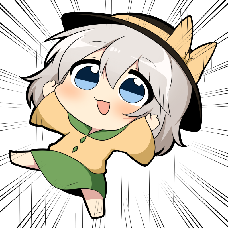 1girl bangs black_bow blue_eyes bow chibi emphasis_lines eyebrows_visible_through_hair full_body green_skirt grey_hair hat hat_bow komeiji_koishi long_sleeves open_mouth short_hair skirt solo touhou twumi yellow_bow