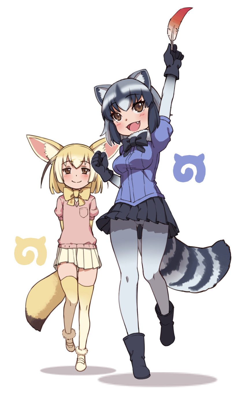 2girls :d animal_ears ankle_boots arm_up arms_behind_back bangs black_bow black_footwear black_gloves black_hair blue_shirt blush boots bow bowtie breast_pocket breasts closed_mouth common_raccoon_(kemono_friends) eyebrows_visible_through_hair fang feathers fennec_(kemono_friends) fox_ears fox_tail fur-trimmed_footwear fur_collar gloves gluteal_fold gradient_clothes grey_legwear highres holding_feather japari_symbol kemono_friends kugi_ta_hori_taira layered_sleeves leg_up mary_janes medium_breasts miniskirt multiple_girls open_mouth pantyhose pink_sweater pleated_skirt pocket puffy_short_sleeves puffy_sleeves raccoon_ears raccoon_tail shirt shoes short_hair short_sleeves silver_hair simple_background skirt smile standing standing_on_one_leg sweater tail thigh-highs thigh_gap white_background white_hair white_skirt yellow_bow yellow_footwear yellow_neckwear zettai_ryouiki