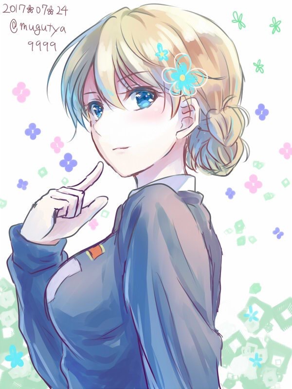 1girl bangs blonde_hair blue_eyes blue_sweater braid closed_mouth darjeeling dated emblem eyebrows_visible_through_hair floral_background from_side girls_und_panzer light_smile looking_at_viewer macho_ojiji school_uniform shirt short_hair solo sweater tied_hair twin_braids twitter_username upper_body white_shirt