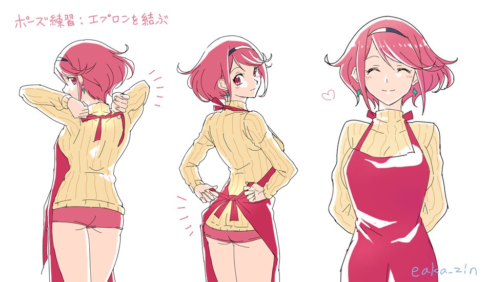 1girl apron artist_request blush breasts pyra_(xenoblade) jewelry looking_at_viewer red_eyes redhead short_hair shorts smile solo sweater tiara translation_request xenoblade xenoblade_2