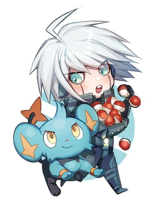 1boy :o ahoge android blue_eyes blush carrying chibi closed_mouth crossover dangan_ronpa holding holding_poke_ball keebo male_focus new_dangan_ronpa_v3 open_mouth poke_ball pokemon pokemon_(creature) round_teeth running shinx silver_hair smug sweatdrop teeth too_many two-tone_background yellow_eyes zuizi