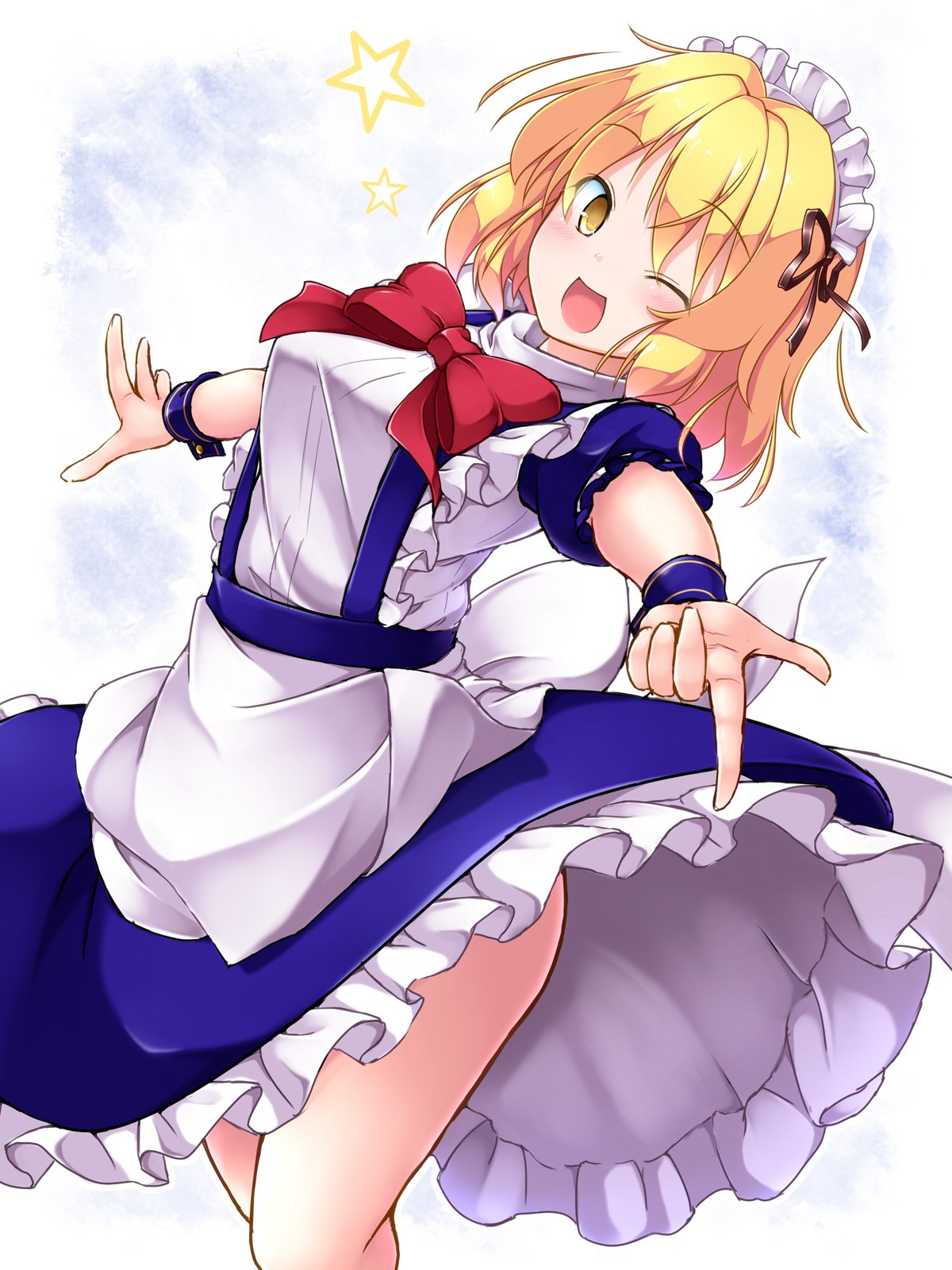 1girl aka_tawashi apron blonde_hair blue_dress blush bow breasts brown_ribbon commentary_request dress eyebrows_visible_through_hair feet_out_of_frame frilled_apron frills hair_ribbon highres looking_at_viewer maid_headdress medium_breasts mugetsu neck_bow one_eye_closed open_mouth petticoat pointing pointing_at_viewer puffy_short_sleeves puffy_sleeves red_bow red_neckwear ribbon short_hair short_sleeves smile solo star suspenders touhou touhou_(pc-98) white_apron white_background wrist_cuffs yellow_eyes