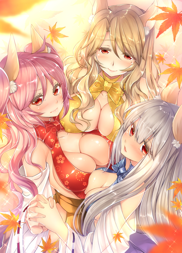 3girls albino animal_ears asymmetrical_docking blue_bow bow breast_press breasts brown_hair cleavage closed_mouth detached_sleeves floral_print fox_ears hair_between_eyes hand_holding large_breasts leaf long_hair looking_at_viewer maple_leaf mia_(gute-nacht-07) mole mole_under_eye multiple_girls original pink_hair red_bow red_eyes silver_hair smile upper_body yellow_bow