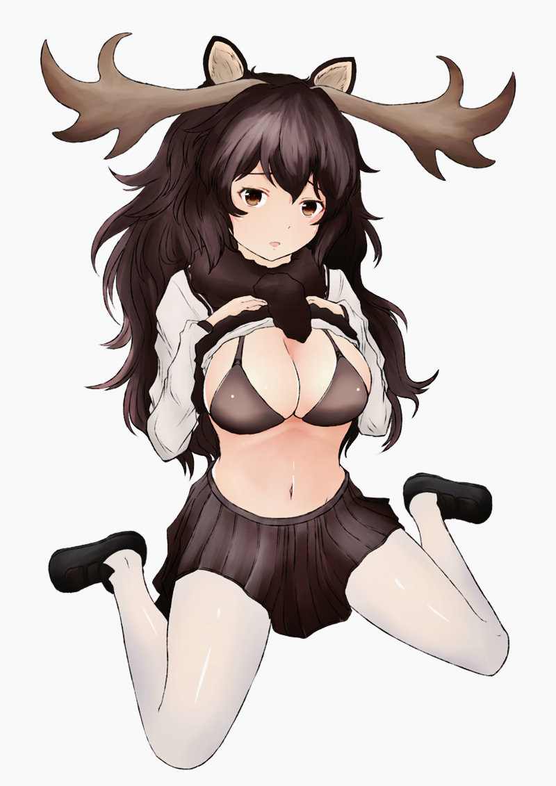 1girl :d akino_(akinosakuya25254) bangs bikini bikini_top black_bikini black_footwear black_hair black_scarf black_skirt blush breasts brown_eyes cleavage full_body grey_background grey_shirt hands_on_own_stomach horns kemono_friends large_breasts lifted_by_self loafers long_hair long_sleeves looking_at_viewer moose_(kemono_friends) moose_ears navel open_mouth pantyhose scarf shiny shiny_clothes shirt shoes simple_background sitting skirt smile solo swimsuit very_long_hair wariza white_legwear