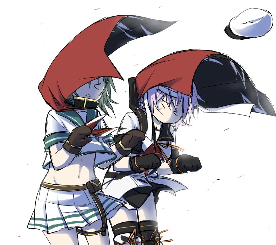 &gt;_&lt; 2girls belt beret cape commentary_request cowboy_shot gloves green_hair hat hat_removed headband headwear_removed kantai_collection kiso_(kantai_collection) multiple_girls navel neckerchief pink_hair pleated_skirt remodel_(kantai_collection) sailor_collar short_hair skirt sorata_(sorairo_honpo) stomach tama_(kantai_collection) thigh-highs white_background wind