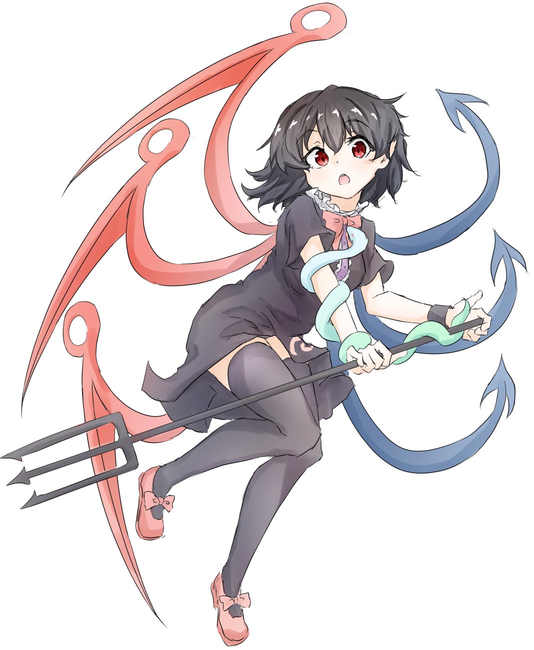 1girl :o asymmetrical_hair asymmetrical_wings black_dress black_hair bow dress highres houjuu_nue looking_at_viewer mary_janes pointy_ears polearm red_eyes red_footwear shoe_bow shoes snake solo tarumaru thigh-highs touhou trident weapon wings zettai_ryouiki