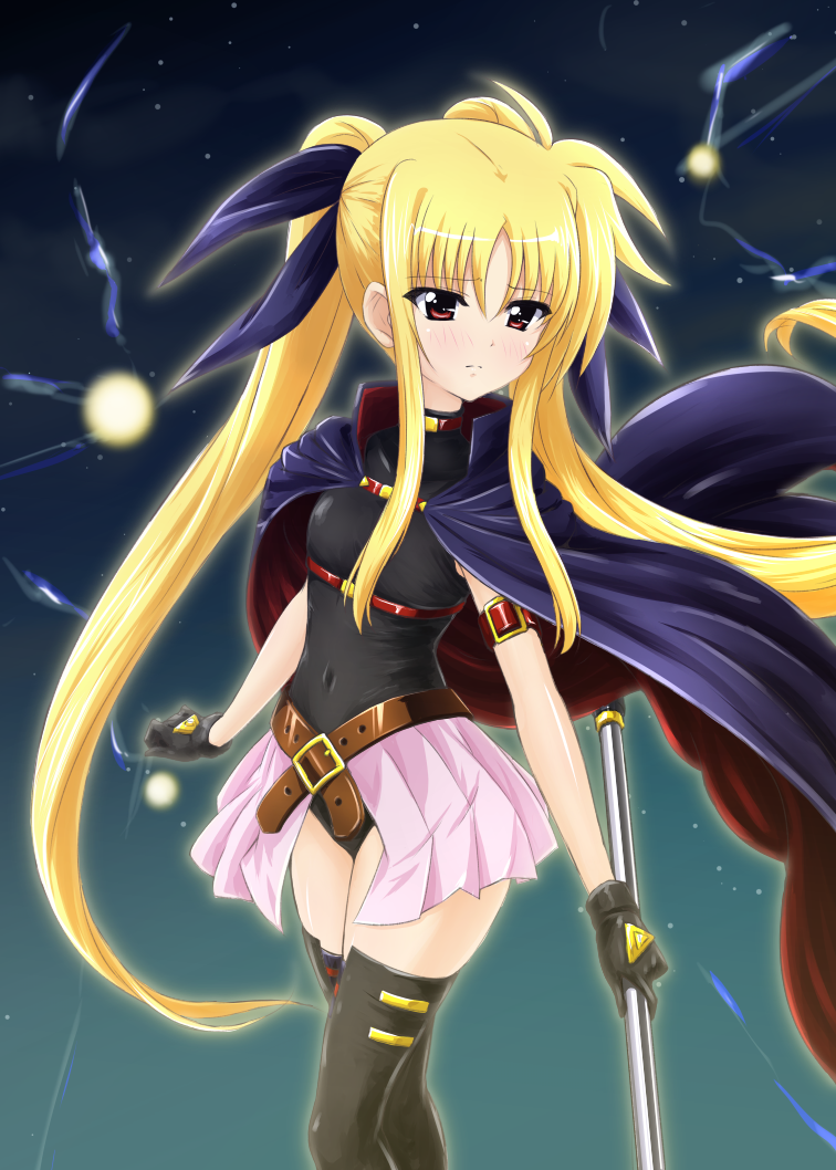 1girl bardiche blonde_hair cape diesel-turbo fate_testarossa gloves hair_ribbon leotard long_hair lyrical_nanoha magical_girl mahou_shoujo_lyrical_nanoha night night_sky red_eyes ribbon showgirl_skirt sky solo thigh-highs twintails