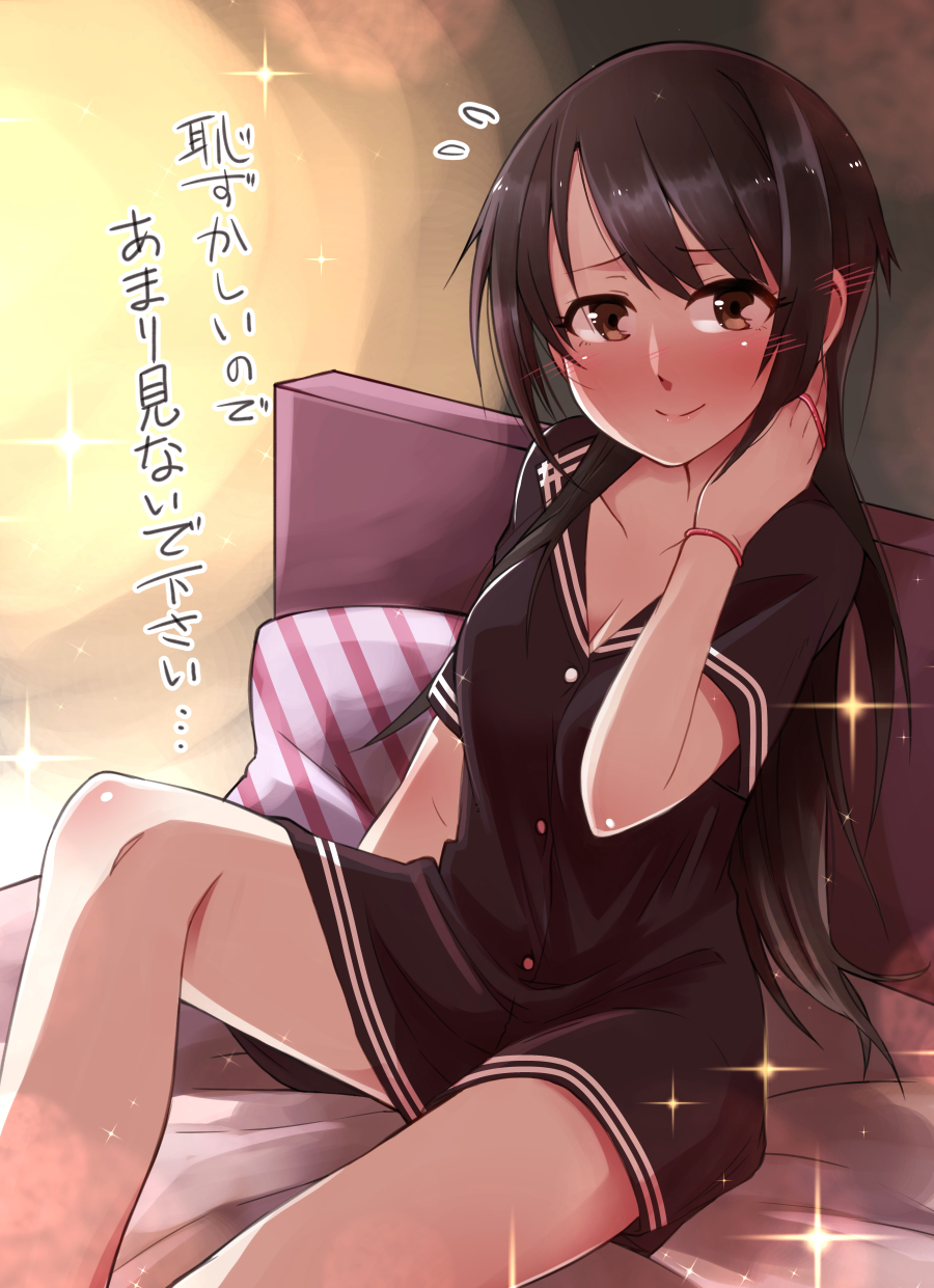 1girl black_hair blush breasts brown_eyes cleavage commentary_request hair_down highres idolmaster idolmaster_cinderella_girls ishii_takuma long_hair looking_at_viewer nakano_yuka smile solo translation_request