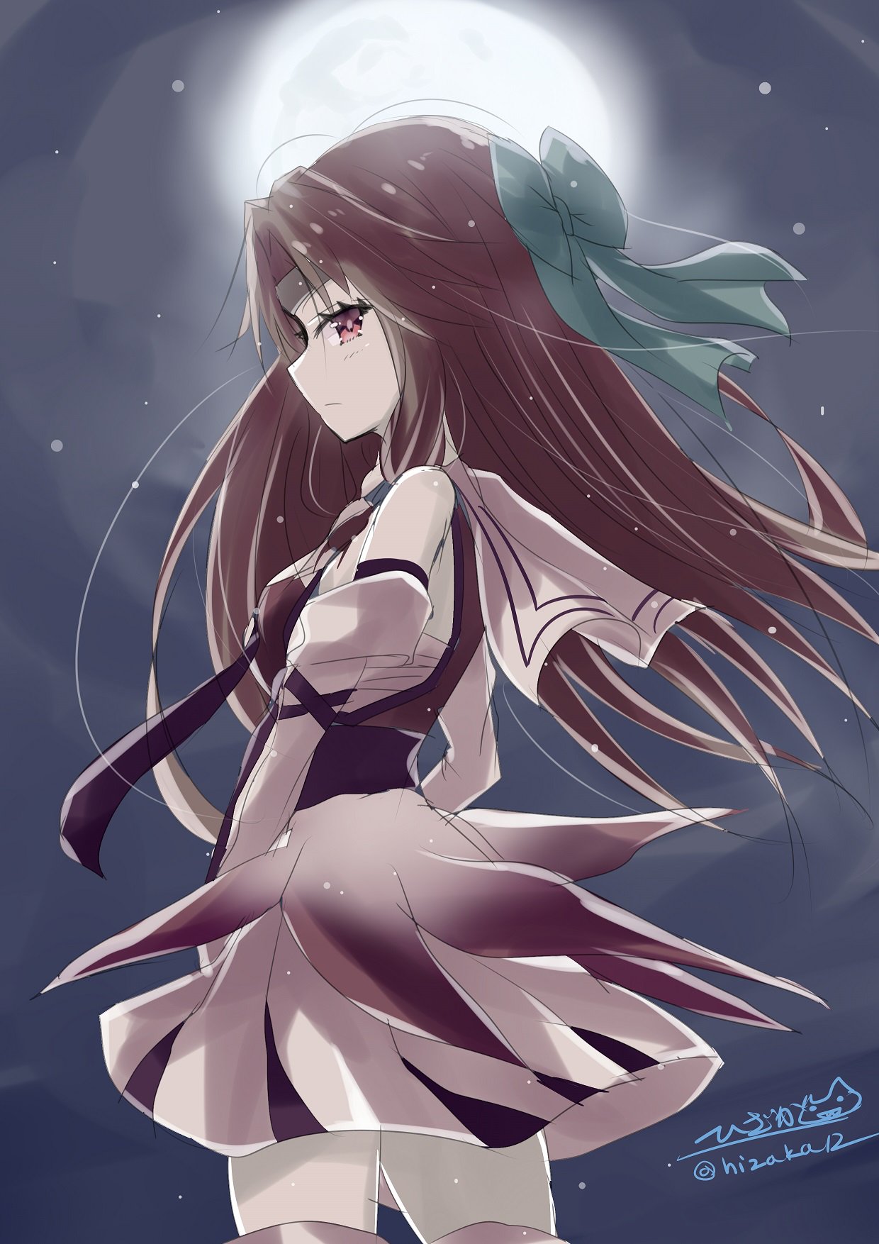 1girl bow brown_hair closed_mouth dress eyebrows_visible_through_hair green_bow hair_ornament headband highres hizaka jintsuu_(kantai_collection) kantai_collection long_hair looking_at_viewer miniskirt moonlight night night_sky red_eyes school_uniform serafuku short_dress skirt sky snowing solo