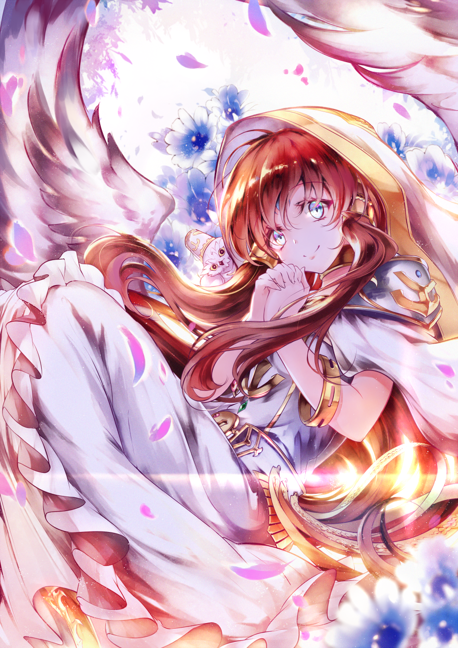 1girl blue_eyes blue_flower bracelet dress eyebrows_visible_through_hair feathered_wings floating_hair flower hair_between_eyes hair_ornament hands_clasped highres jewelry kanaria_(fuusenkazura) long_hair looking_at_viewer minerva_the_exalted_lightsworn own_hands_together petals redhead smile solo twintails white_dress white_wings wings yu-gi-oh!