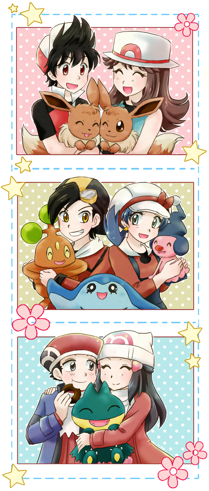 3boys 3girls baseball_cap beanie black_hair blue_(pokemon) blue_shirt blush bonsly brown_hair chikorita85 closed_eyes collared_shirt crystal_(pokemon) diamond_(pokemon) doughnut dress earrings eating eevee food goggles gold_(pokemon) hair_ornament happy hat hat_ribbon highres holding hug jacket jewelry long_hair long_sleeves mantyke mime_jr. multiple_boys multiple_girls munchlax platinum_berlitz pokemon pokemon_(creature) pokemon_special polka_dot polka_dot_background red_(pokemon) red_dress red_ribbon red_shirt ribbon scarf shirt short_hair short_sleeves sleeveless smile star star_earrings twintails